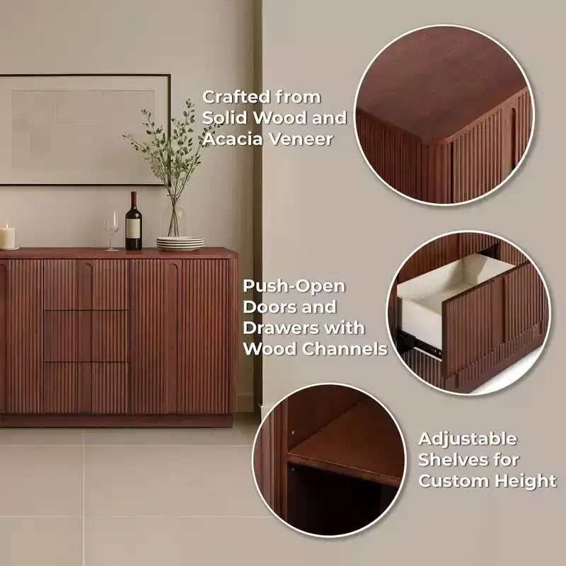 Buffet Teamson Home Potomac moderne bohème en bois massif avec 3 tiroirs, 2 portes, étagère réglable et rangement à ouverture par pression