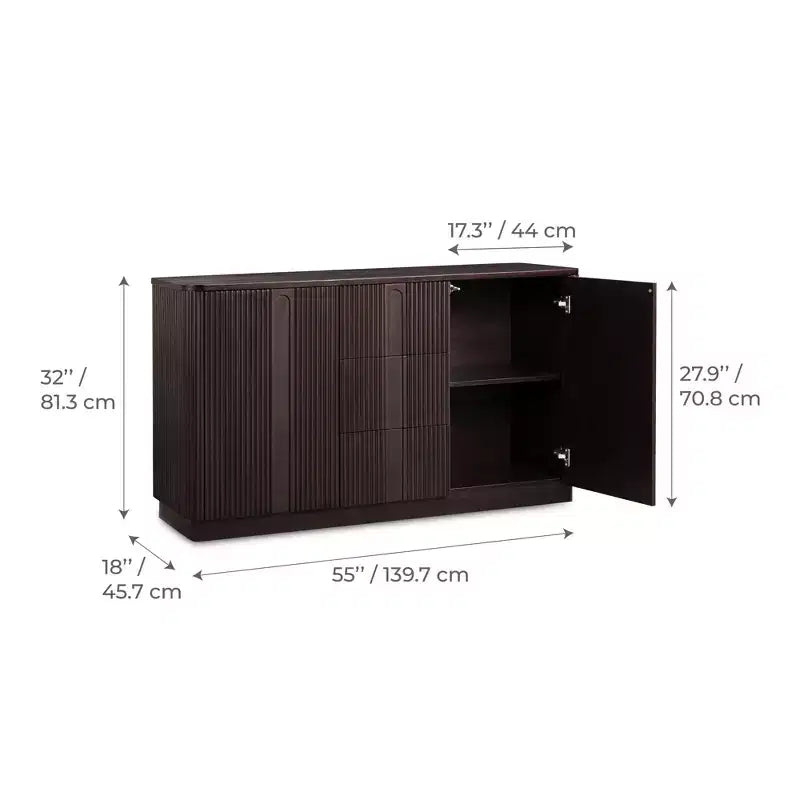 Buffet Teamson Home Potomac moderne bohème en bois massif avec 3 tiroirs, 2 portes, étagère réglable et rangement à ouverture par pression