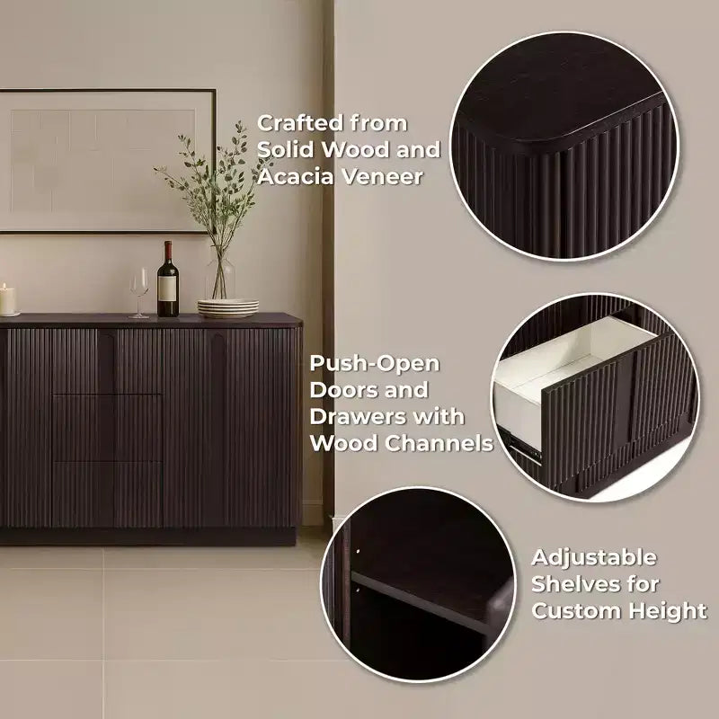 Buffet Teamson Home Potomac moderne bohème en bois massif avec 3 tiroirs, 2 portes, étagère réglable et rangement à ouverture par pression