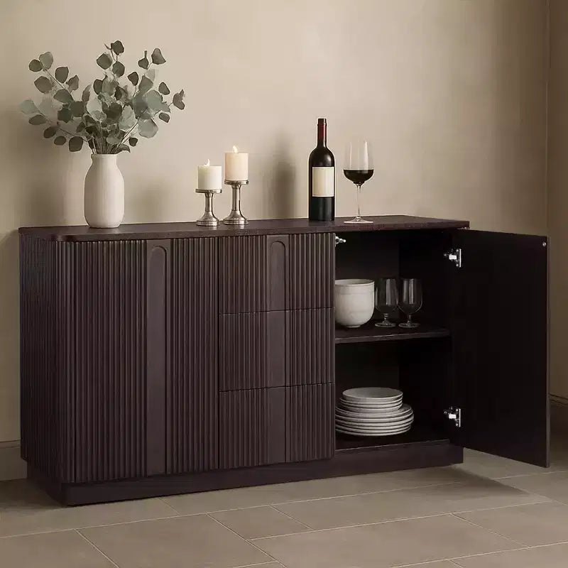 Buffet Teamson Home Potomac moderne bohème en bois massif avec 3 tiroirs, 2 portes, étagère réglable et rangement à ouverture par pression