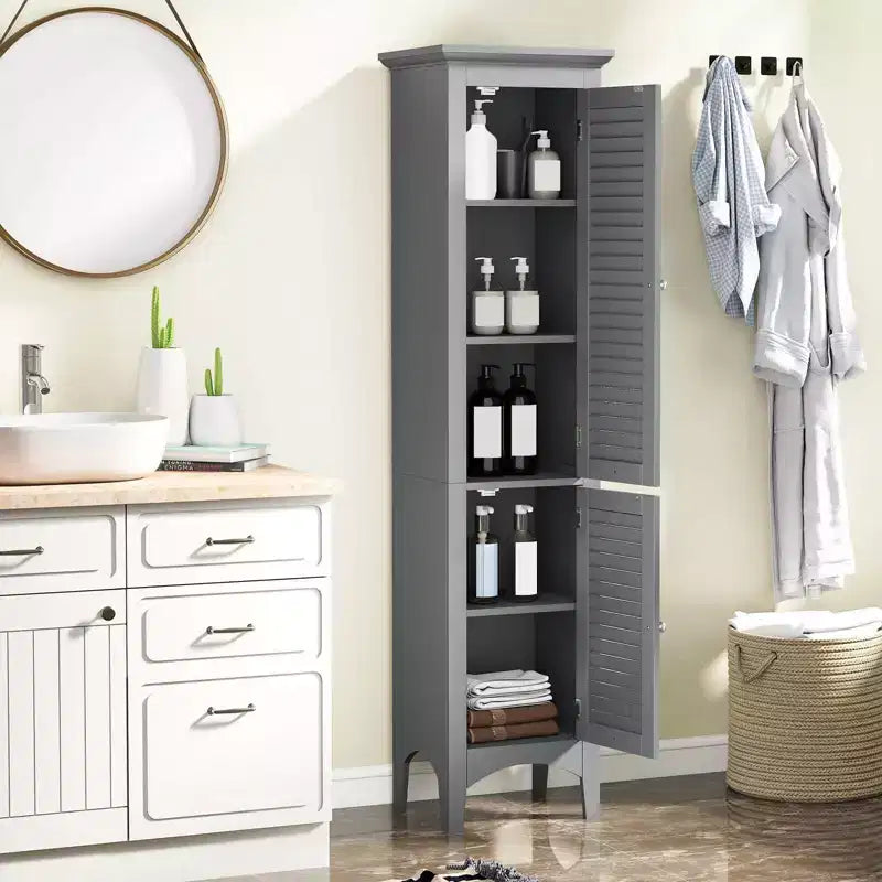 Meuble de salle de bain Costway de 160 cm de haut avec 2 portes à persiennes et étagère réglable, pieds surélevés Gris/Noir/Blanc/Marron
