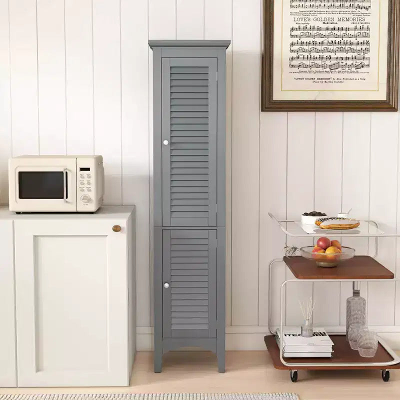 Meuble de salle de bain Costway de 160 cm de haut avec 2 portes à persiennes et étagère réglable, pieds surélevés Gris/Noir/Blanc/Marron