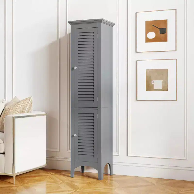 Meuble de salle de bain Costway de 160 cm de haut avec 2 portes à persiennes et étagère réglable, pieds surélevés Gris/Noir/Blanc/Marron