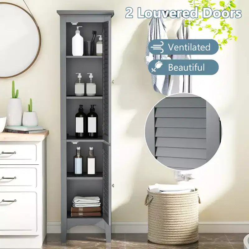 Meuble de salle de bain Costway de 160 cm de haut avec 2 portes à persiennes et étagère réglable, pieds surélevés Gris/Noir/Blanc/Marron
