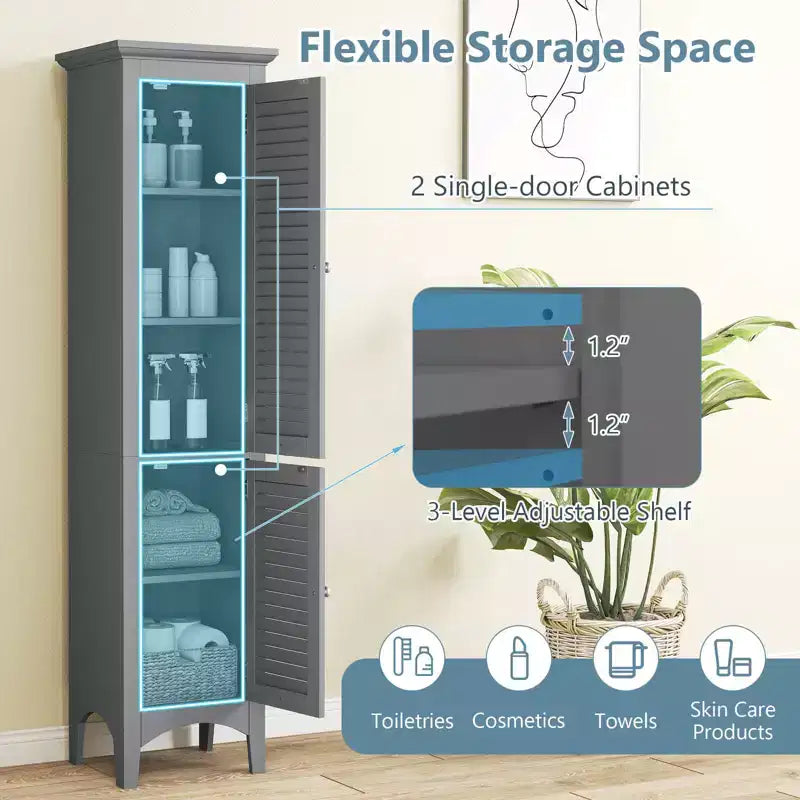 Meuble de salle de bain Costway de 160 cm de haut avec 2 portes à persiennes et étagère réglable, pieds surélevés Gris/Noir/Blanc/Marron