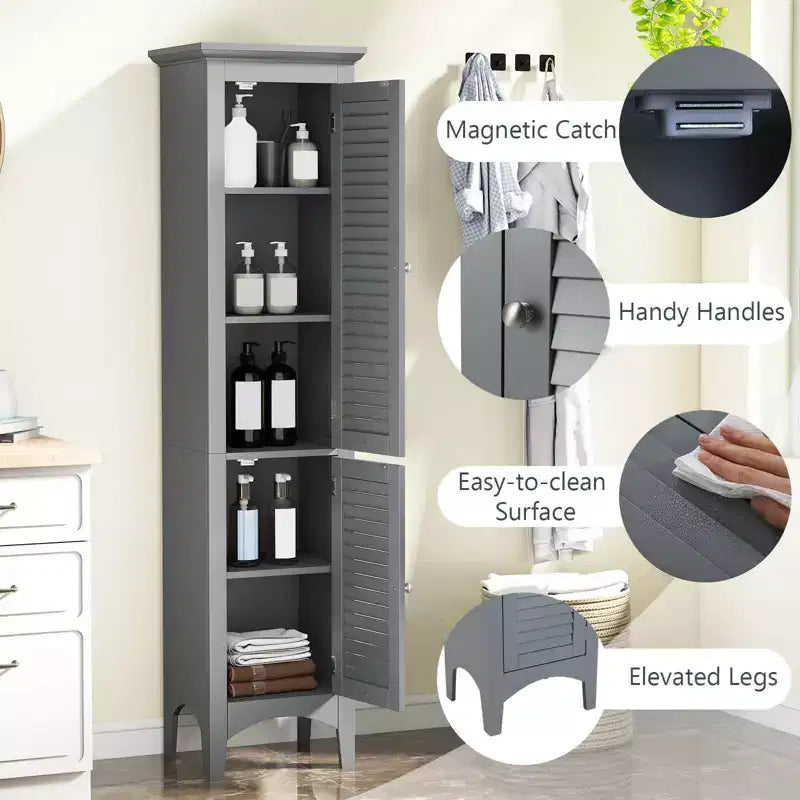 Meuble de salle de bain Costway de 160 cm de haut avec 2 portes à persiennes et étagère réglable, pieds surélevés Gris/Noir/Blanc/Marron