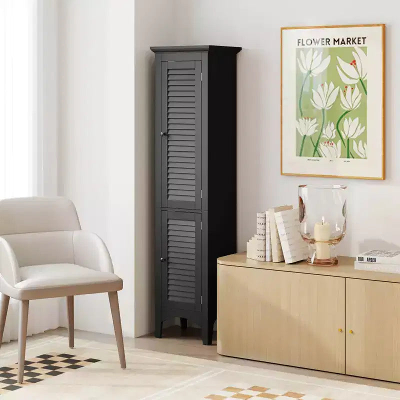 Meuble de salle de bain Costway de 160 cm de haut avec 2 portes à persiennes et étagère réglable, pieds surélevés Gris/Noir/Blanc/Marron