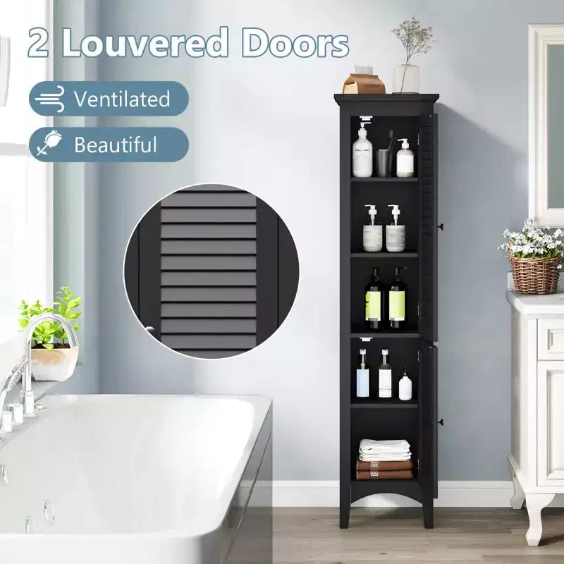 Meuble de salle de bain Costway de 160 cm de haut avec 2 portes à persiennes et étagère réglable, pieds surélevés Gris/Noir/Blanc/Marron
