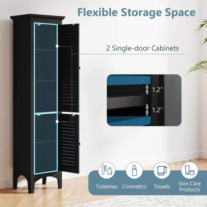 Meuble de salle de bain Costway de 160 cm de haut avec 2 portes à persiennes et étagère réglable, pieds surélevés Gris/Noir/Blanc/Marron