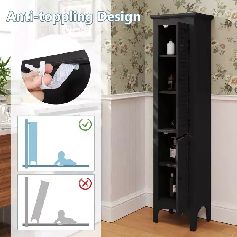 Meuble de salle de bain Costway de 160 cm de haut avec 2 portes à persiennes et étagère réglable, pieds surélevés Gris/Noir/Blanc/Marron