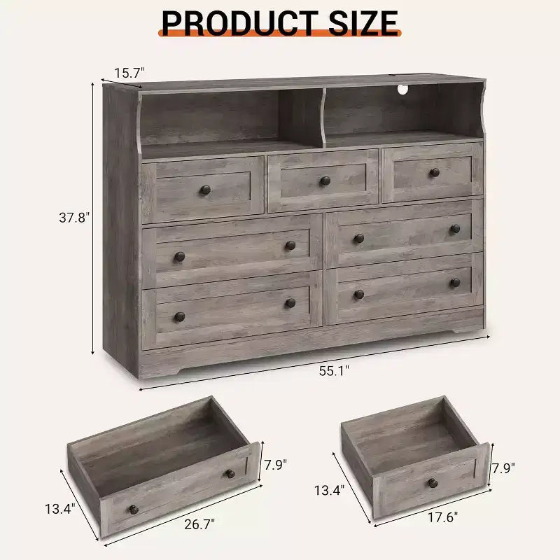 Commode Acekool à 7 tiroirs avec station de charge, commode moderne avec compartiments ouverts, éclairage d'appoint, organisateur de rangement pour chambre et placard