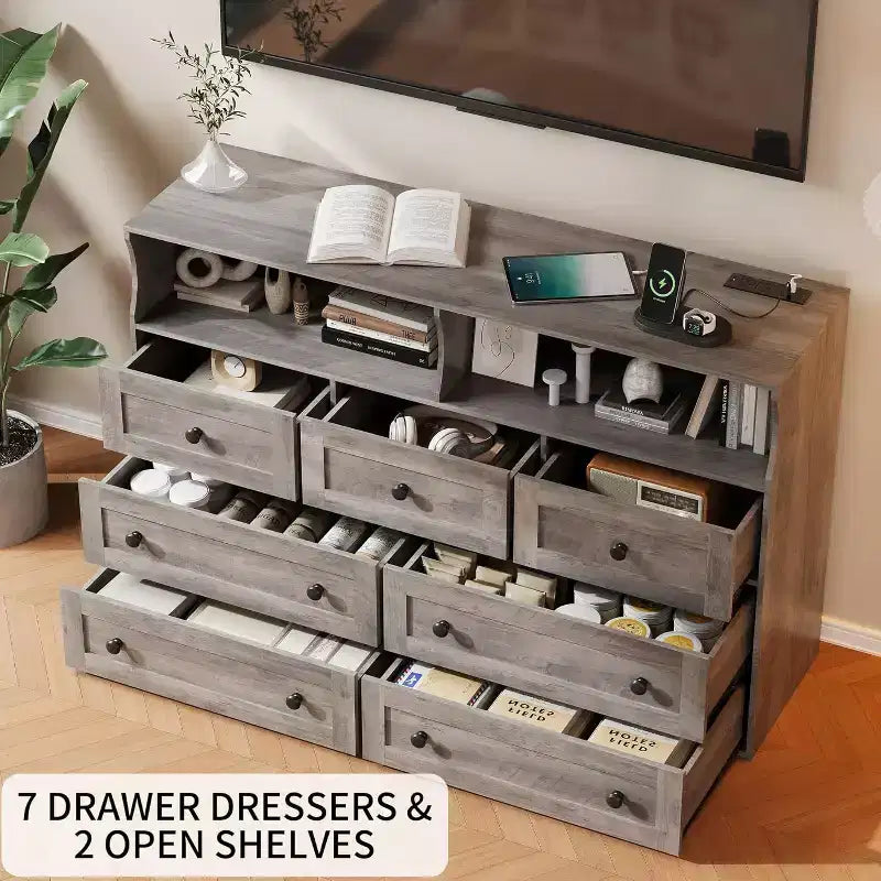 Commode Acekool à 7 tiroirs avec station de charge, commode moderne avec compartiments ouverts, éclairage d'appoint, organisateur de rangement pour chambre et placard