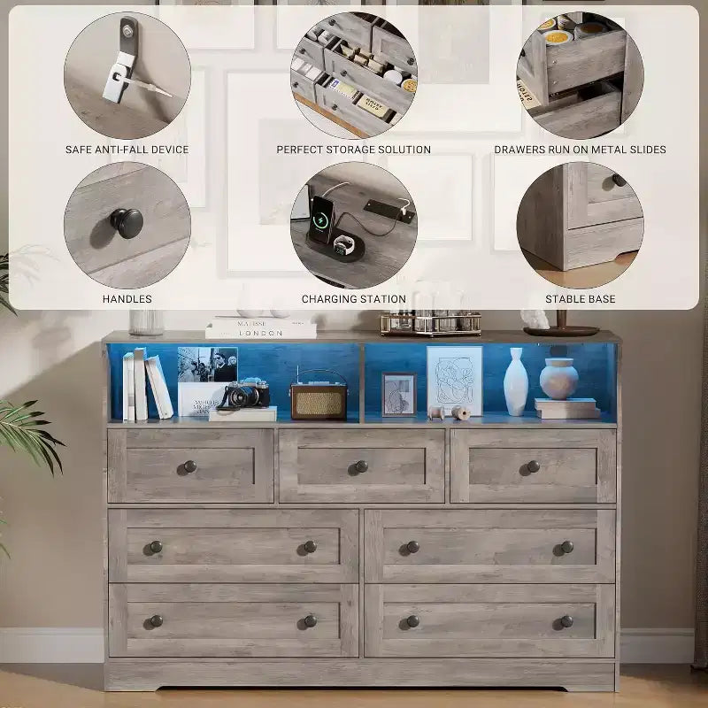Commode Acekool à 7 tiroirs avec station de charge, commode moderne avec compartiments ouverts, éclairage d'appoint, organisateur de rangement pour chambre et placard