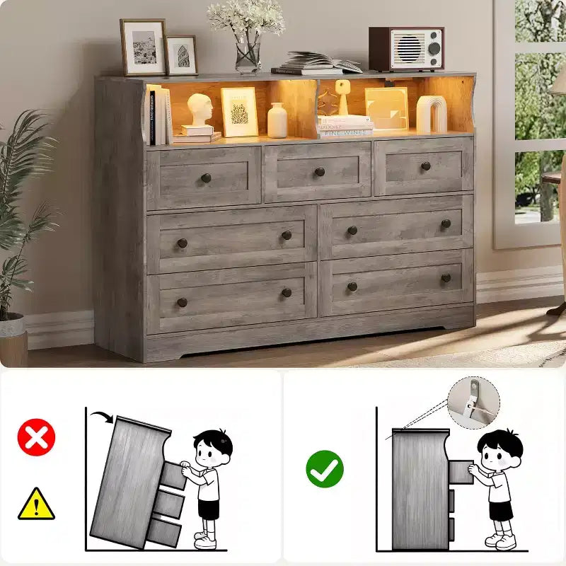 Commode Acekool à 7 tiroirs avec station de charge, commode moderne avec compartiments ouverts, éclairage d'appoint, organisateur de rangement pour chambre et placard