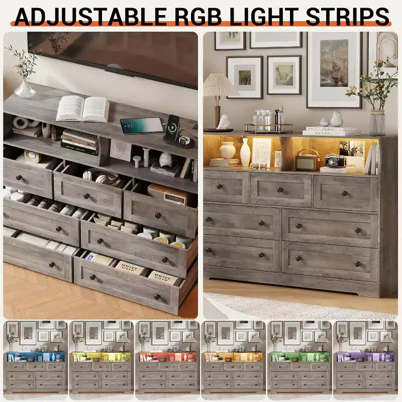 Commode Acekool à 7 tiroirs avec station de charge, commode moderne avec compartiments ouverts, éclairage d'appoint, organisateur de rangement pour chambre et placard