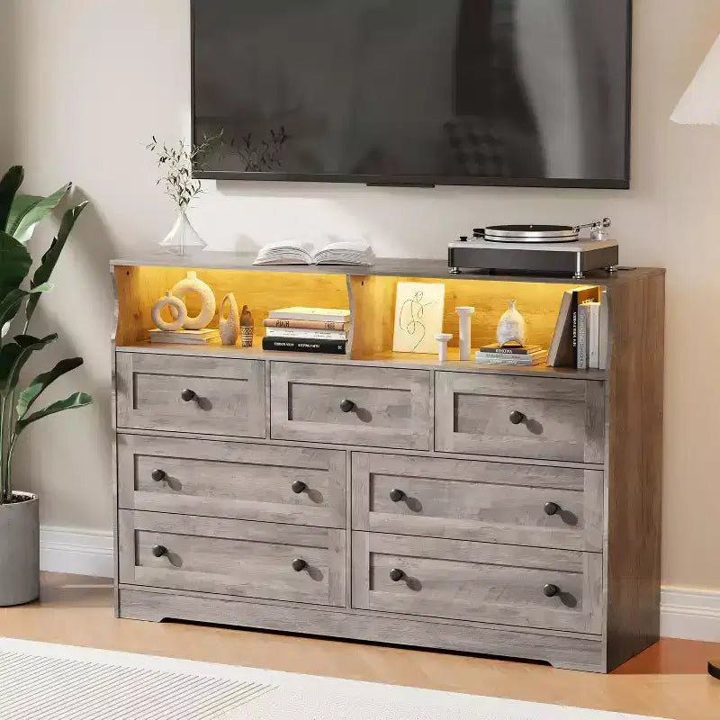 Commode Acekool à 7 tiroirs avec station de charge, commode moderne avec compartiments ouverts, éclairage d'appoint, organisateur de rangement pour chambre et placard