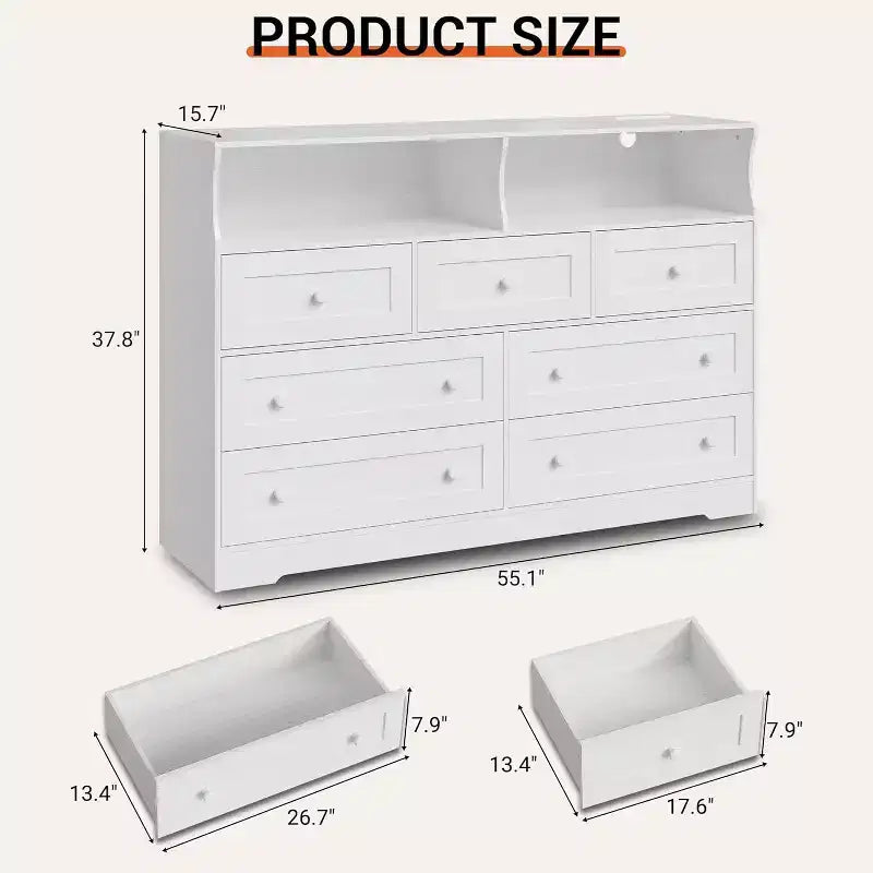 Commode Acekool à 7 tiroirs avec station de charge, commode moderne avec compartiments ouverts, éclairage d'appoint, organisateur de rangement pour chambre et placard