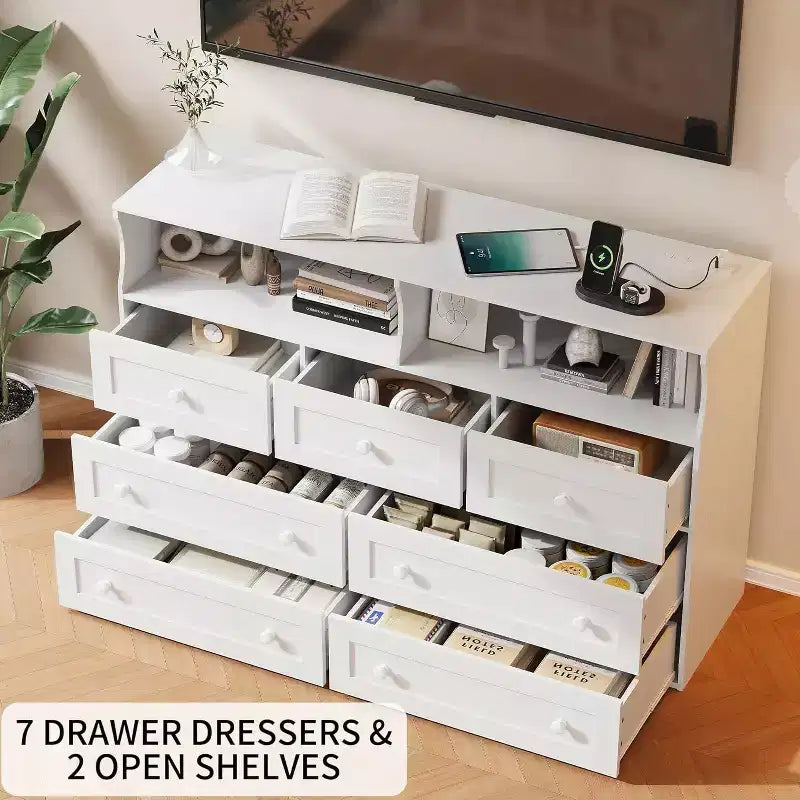 Commode Acekool à 7 tiroirs avec station de charge, commode moderne avec compartiments ouverts, éclairage d'appoint, organisateur de rangement pour chambre et placard