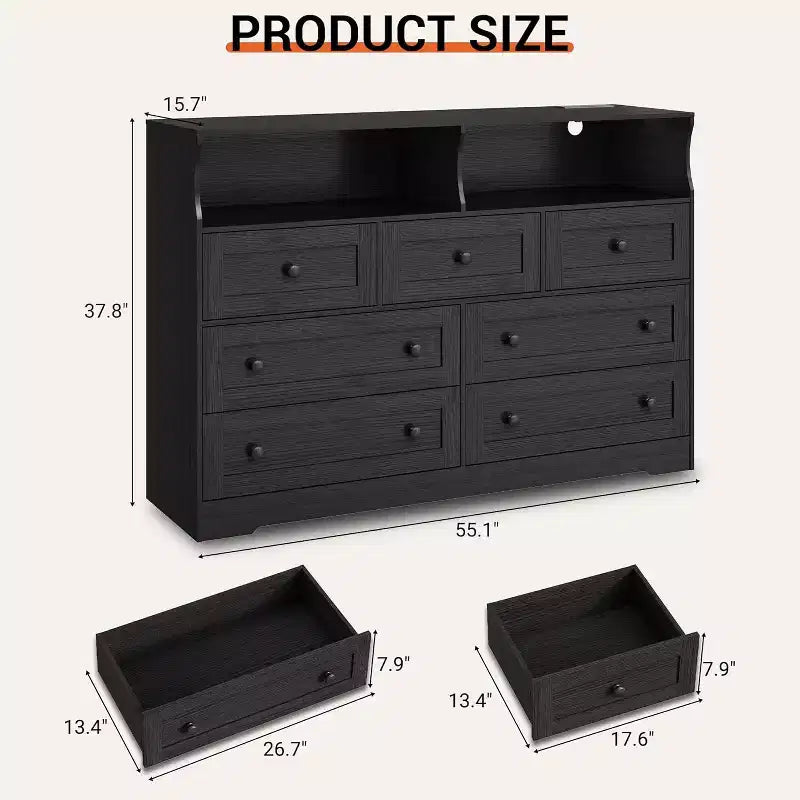 Commode Acekool à 7 tiroirs avec station de charge, commode moderne avec compartiments ouverts, éclairage d'appoint, organisateur de rangement pour chambre et placard