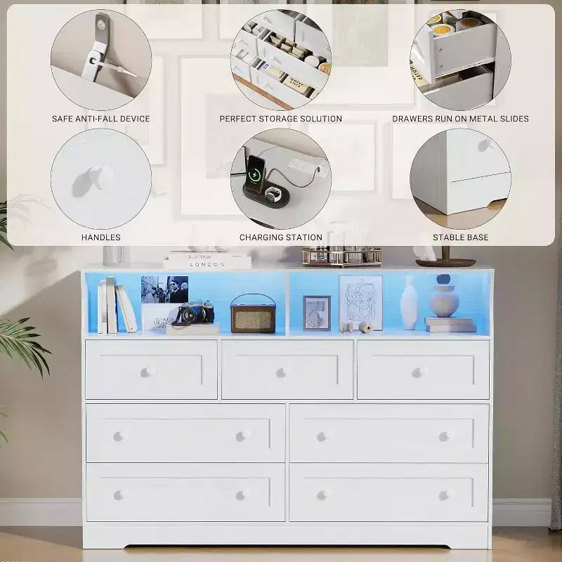 Commode Acekool à 7 tiroirs avec station de charge, commode moderne avec compartiments ouverts, éclairage d'appoint, organisateur de rangement pour chambre et placard