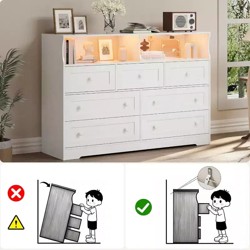 Commode Acekool à 7 tiroirs avec station de charge, commode moderne avec compartiments ouverts, éclairage d'appoint, organisateur de rangement pour chambre et placard