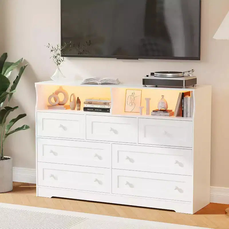 Commode Acekool à 7 tiroirs avec station de charge, commode moderne avec compartiments ouverts, éclairage d'appoint, organisateur de rangement pour chambre et placard