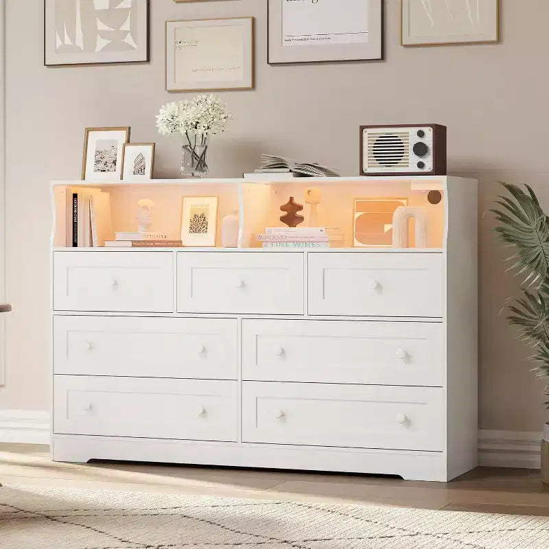 Commode Acekool à 7 tiroirs avec station de charge, commode moderne avec compartiments ouverts, éclairage d'appoint, organisateur de rangement pour chambre et placard