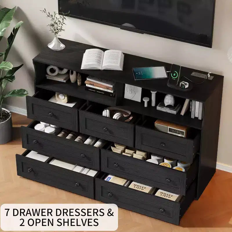 Commode Acekool à 7 tiroirs avec station de charge, commode moderne avec compartiments ouverts, éclairage d'appoint, organisateur de rangement pour chambre et placard