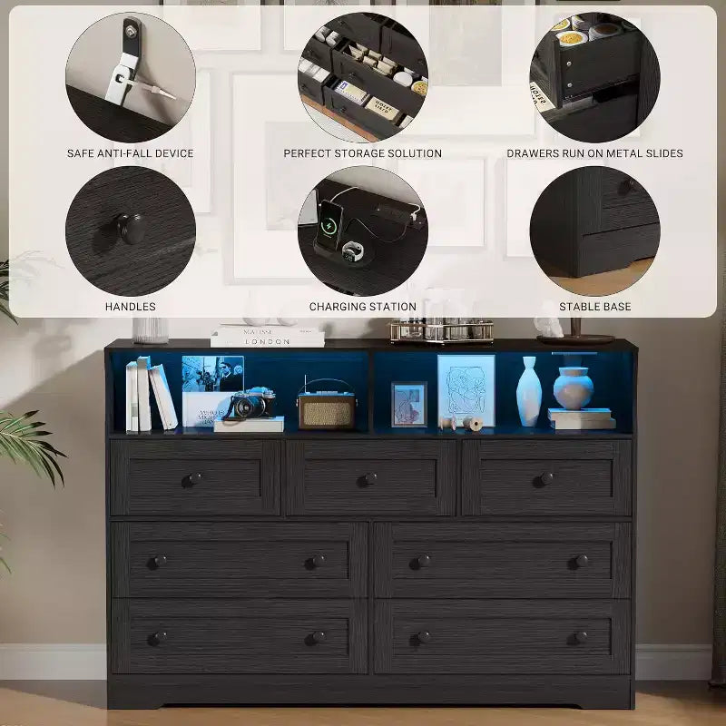 Commode Acekool à 7 tiroirs avec station de charge, commode moderne avec compartiments ouverts, éclairage d'appoint, organisateur de rangement pour chambre et placard