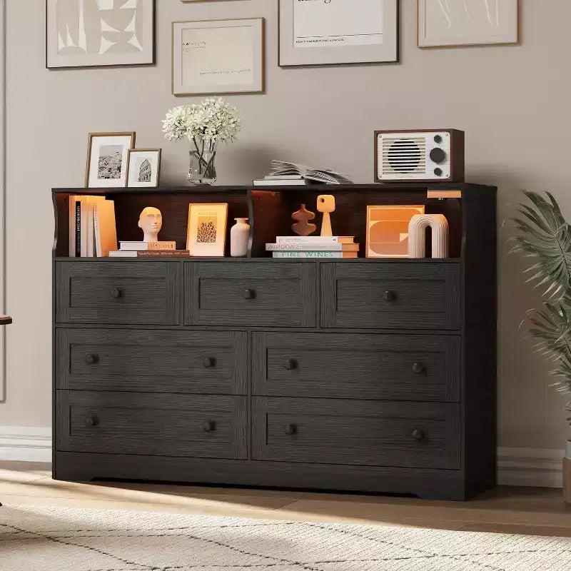 Commode Acekool à 7 tiroirs avec station de charge, commode moderne avec compartiments ouverts, éclairage d'appoint, organisateur de rangement pour chambre et placard