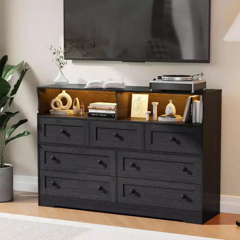 Commode Acekool à 7 tiroirs avec station de charge, commode moderne avec compartiments ouverts, éclairage d'appoint, organisateur de rangement pour chambre et placard