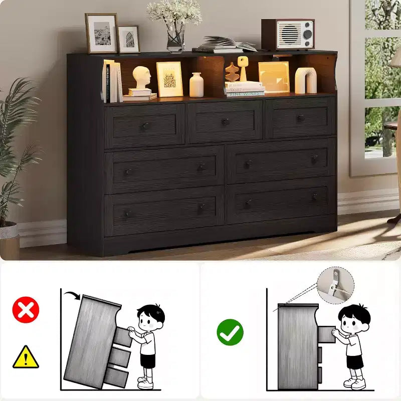 Commode Acekool à 7 tiroirs avec station de charge, commode moderne avec compartiments ouverts, éclairage d'appoint, organisateur de rangement pour chambre et placard