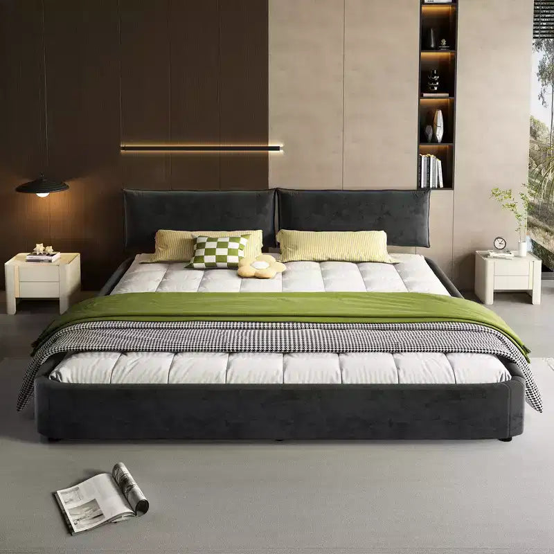 Cadre de lit King Size Cloud Whisen, lit rembourré en chenille avec tête de lit mobile surdimensionnée et rembourrée, coin rond