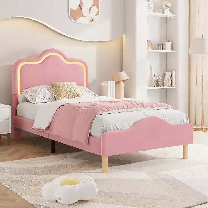 Twin Size Bed Frame withHeadboard and Footboard, Velvet Upholstered Princess Platform Bedframe for Kids/Girls, Pink