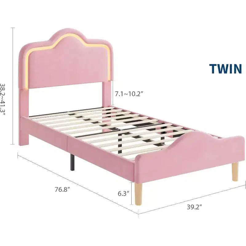 Cadre de lit double avec tête de lit et pied de lit, plateforme de lit de princesse capitonnée en velours pour enfants/filles, rose
