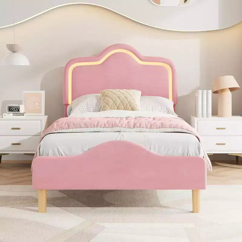 Cadre de lit double avec tête de lit et pied de lit, plateforme de lit de princesse capitonnée en velours pour enfants/filles, rose