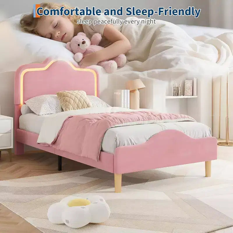 Cadre de lit double avec tête de lit et pied de lit, plateforme de lit de princesse capitonnée en velours pour enfants/filles, rose