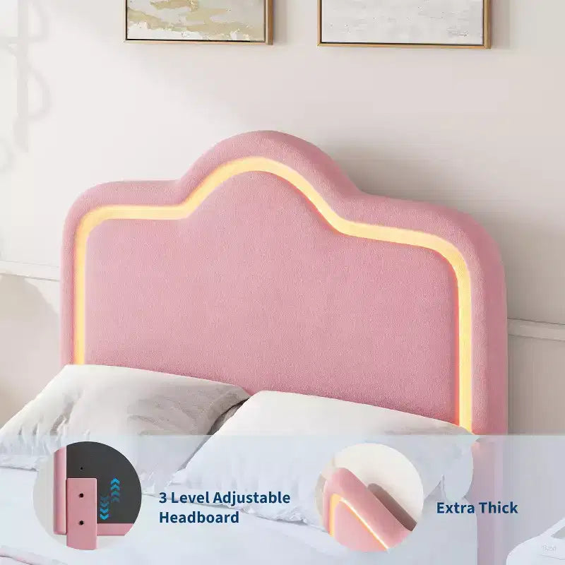 Cadre de lit double avec tête de lit et pied de lit, plateforme de lit de princesse capitonnée en velours pour enfants/filles, rose