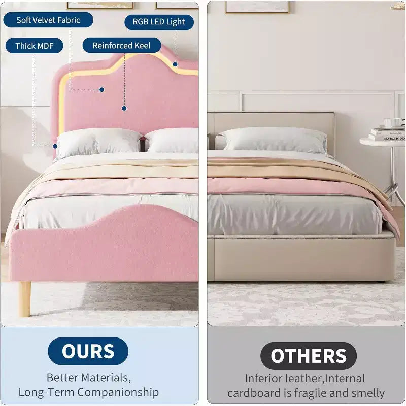 Cadre de lit double avec tête de lit et pied de lit, plateforme de lit de princesse capitonnée en velours pour enfants/filles, rose