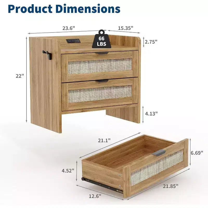 Tables de chevet en rotin (lot de 2), tables d'appoint avec 2 tiroirs de rangement, tables d'appoint bohèmes pour chambre à coucher, salon, bureau