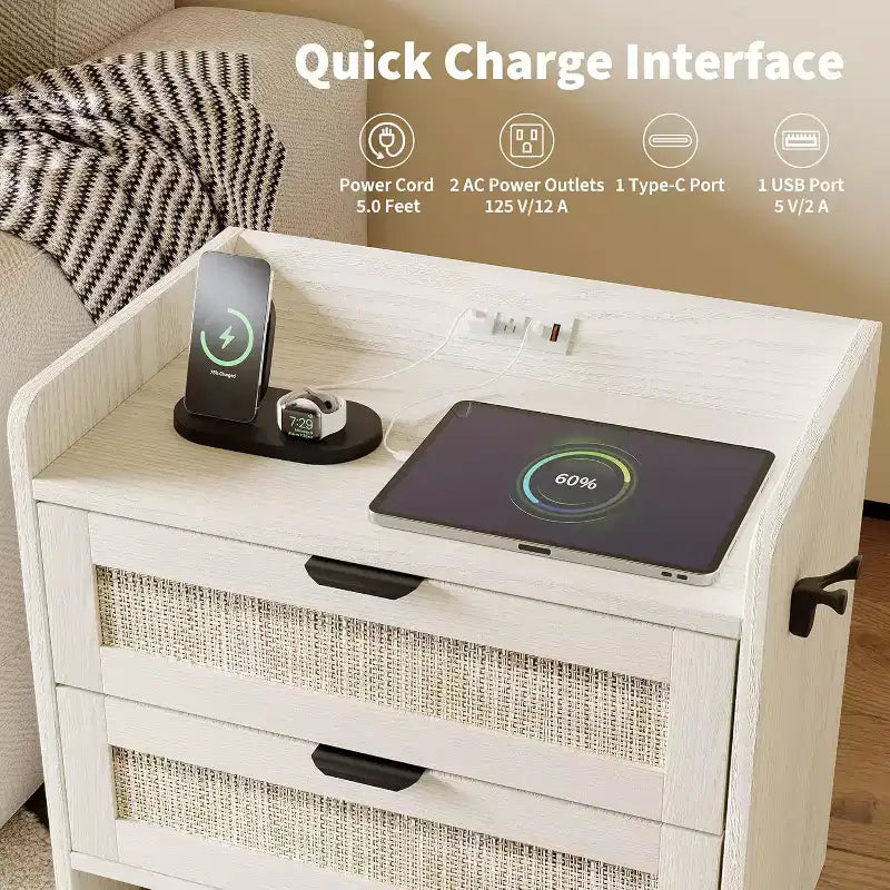 Tables de chevet en rotin (lot de 2), tables d'appoint avec 2 tiroirs de rangement, tables d'appoint bohèmes pour chambre à coucher, salon, bureau