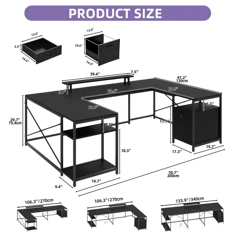 Bureau en U avec prises de courant et lumières LED, bureau avec tiroirs, bureau d'angle pour ordinateur avec support d'écran et étagères de rangement, noir