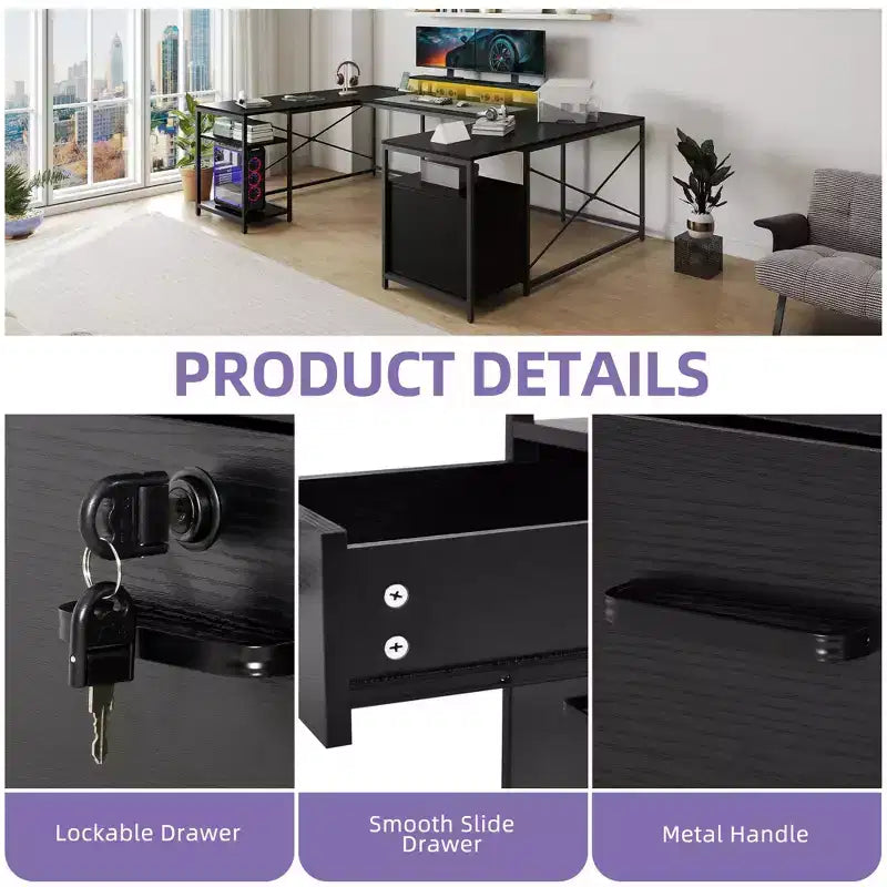 Bureau en U avec prises de courant et lumières LED, bureau avec tiroirs, bureau d'angle pour ordinateur avec support d'écran et étagères de rangement, noir