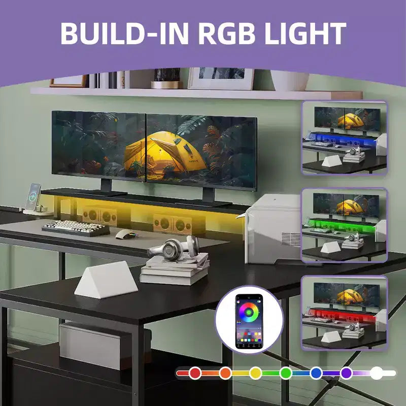 Bureau en U avec prises de courant et lumières LED, bureau avec tiroirs, bureau d'angle pour ordinateur avec support d'écran et étagères de rangement, noir