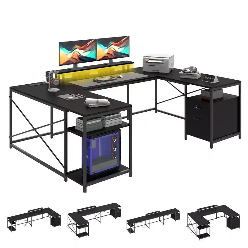Bureau en U avec prises de courant et lumières LED, bureau avec tiroirs, bureau d'angle pour ordinateur avec support d'écran et étagères de rangement, noir