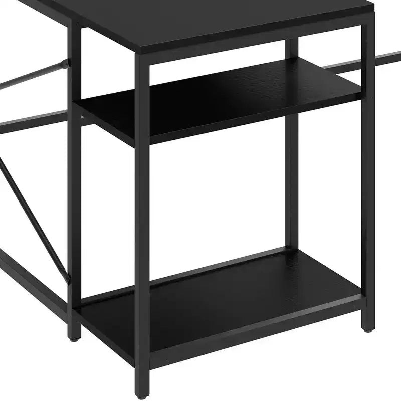 Bureau en U avec prises de courant et lumières LED, bureau avec tiroirs, bureau d'angle pour ordinateur avec support d'écran et étagères de rangement, noir
