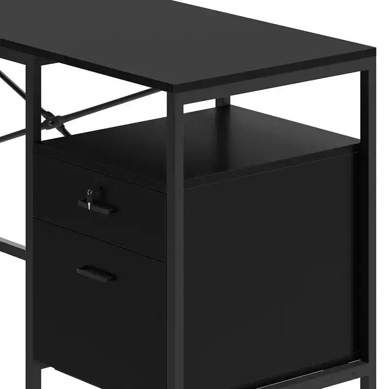 Bureau en U avec prises de courant et lumières LED, bureau avec tiroirs, bureau d'angle pour ordinateur avec support d'écran et étagères de rangement, noir