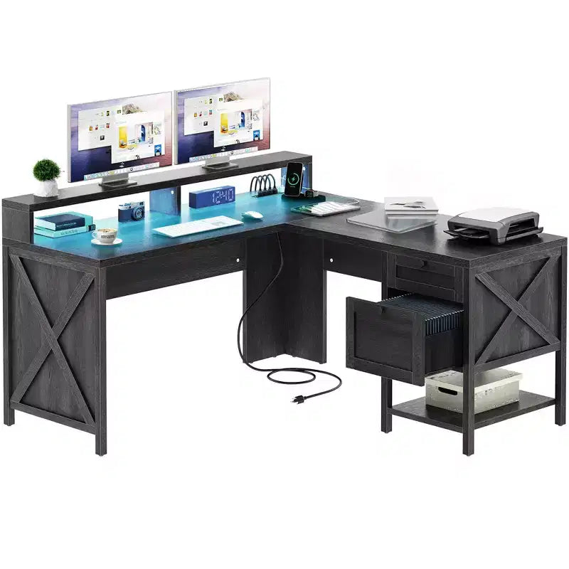 Bureau en L de 60 pouces avec station de charge et tiroir-classeur, bureau d'ordinateur moderne en bois, mobilier de bureau de jeu pour la maison