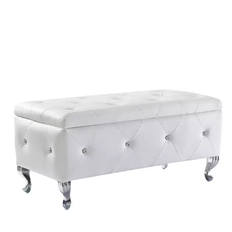 TUYOHW Banc de rangement en similicuir blanc, pouf avec boutons en cristal, pieds en métal, banc repose-pieds rectangulaire rembourré pour chambre à coucher, salon