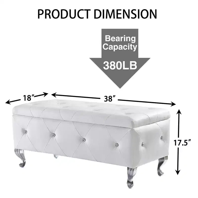 TUYOHW Banc de rangement en similicuir blanc, pouf avec boutons en cristal, pieds en métal, banc repose-pieds rectangulaire rembourré pour chambre à coucher, salon